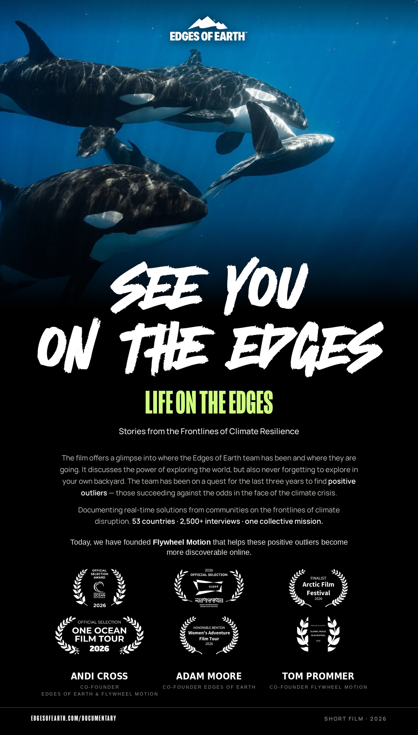 See You On The Edges: Life on the Edges — official short-film poster showing a pod of orcas underwater, with the 2026 festival laurels and credits