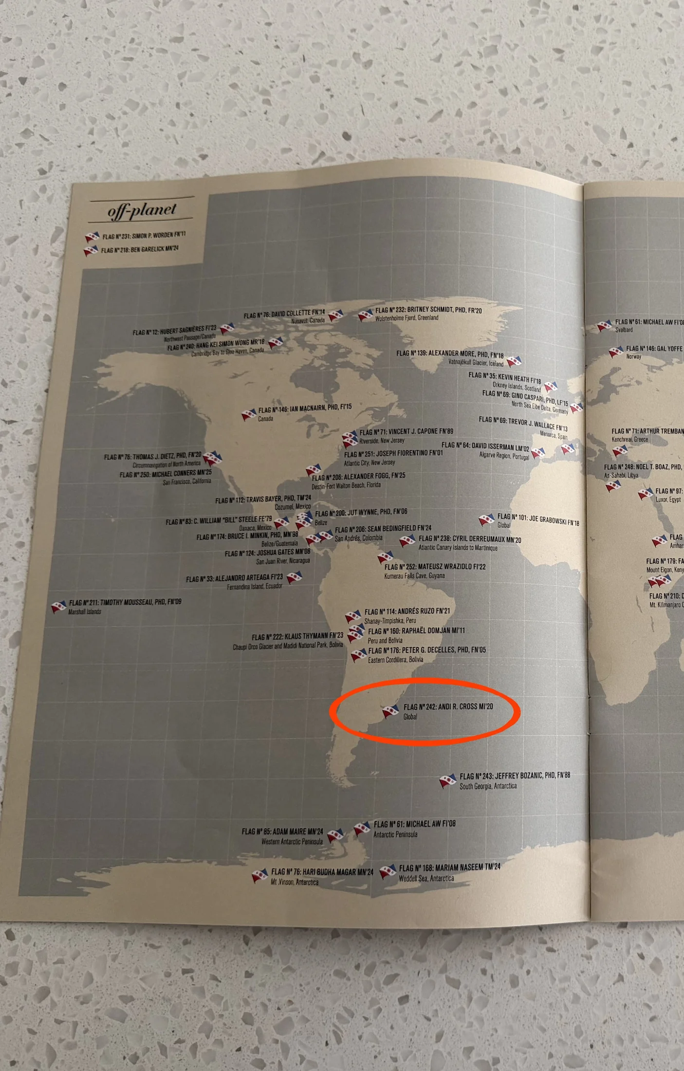 The Explorers Club Flag Expeditions map, with Flag № 242, Andi R. Cross, Global, circled